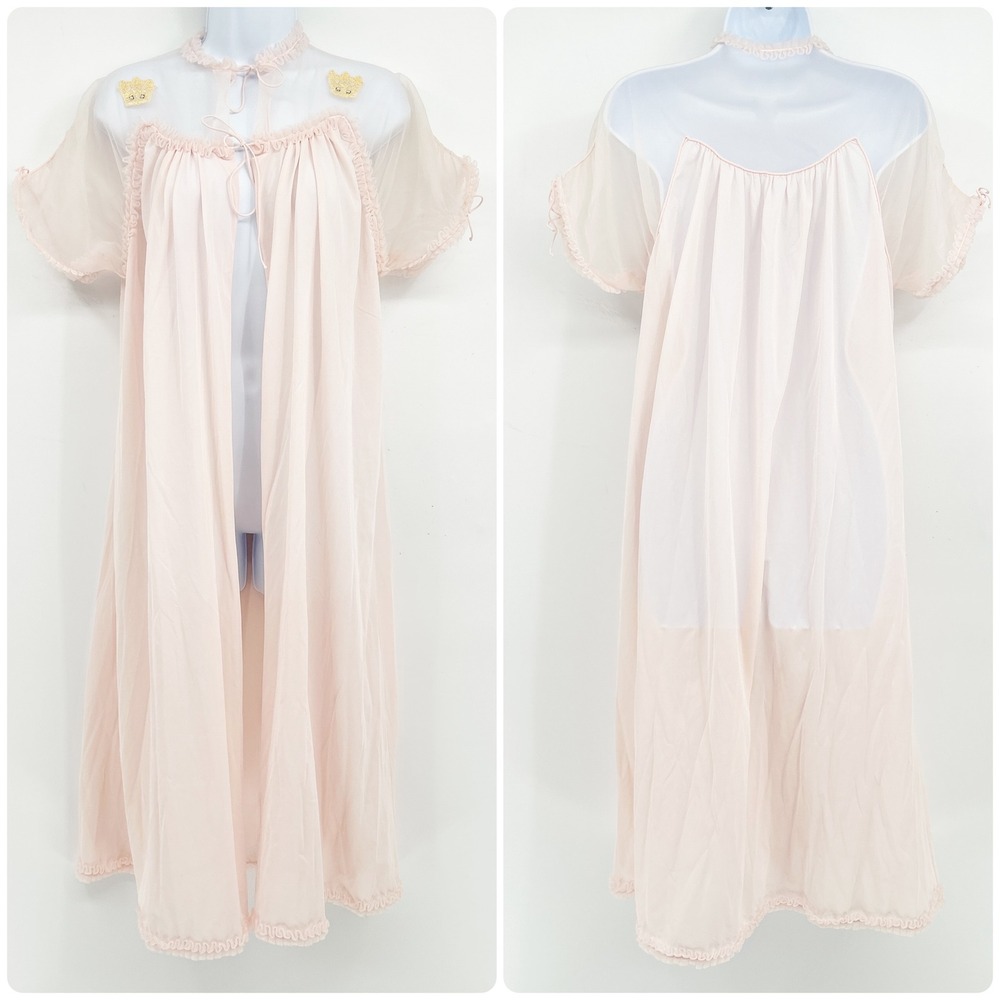 Vintage Coquette‎ Sheer Pink Lace Nightgown Neglige House Dress Robe Lingerie